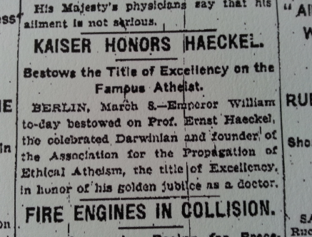NY Times 1907 announcement, Kaiser Honors Haeckel