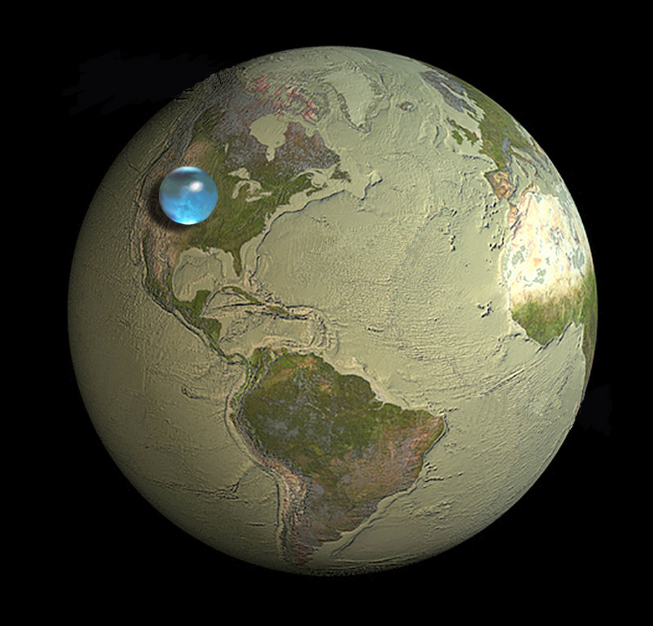 A graphic of the globe with all of its water shown as a to-scale sphere over North America